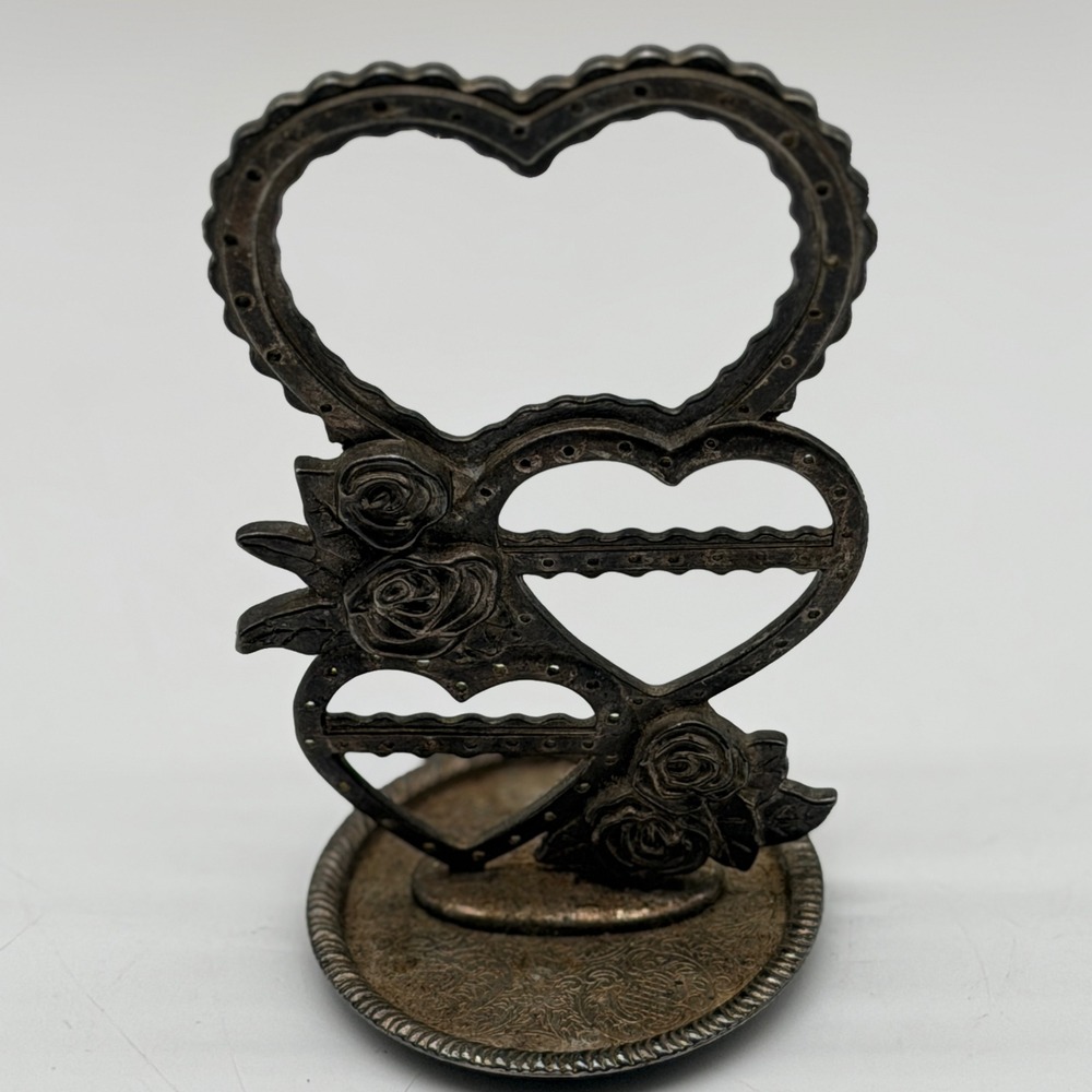 Vintage Silver Tone Triple Heart Rose Earring Holder Stand Jewelry Organizer